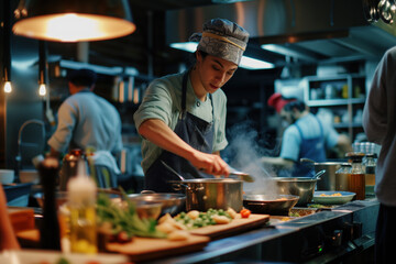 Skilled Chef Preparing a Meal in a Bustling Restaurant Kitchen
