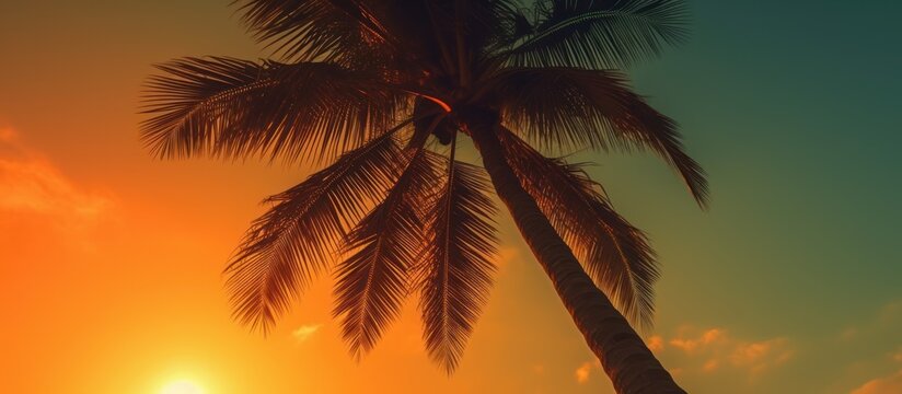Tropical Palm Tree Silhouette At Sunset, low angle view