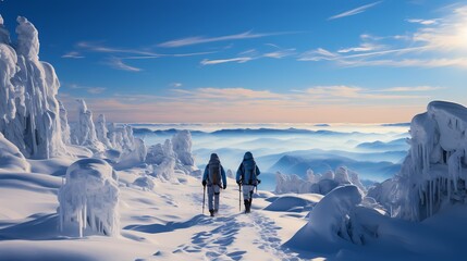 A pair of cross-country skiers gliding through a pristine snowy landscape, surrounded by trees and the silence of a winter day - obrazy, fototapety, plakaty