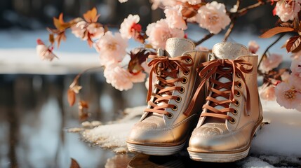 A pair of ice skates hanging from a tree branch, overlooking a frozen pond surrounded by snow-covered trees and a gentle winter breeze - obrazy, fototapety, plakaty