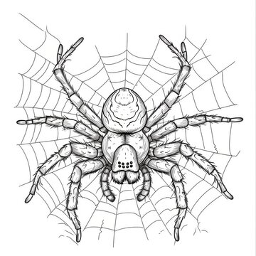 A spider on a web. Insect, Black and white coloring book. coloring pages for children.