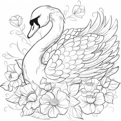 Swan grace, in flowers, black and white coloring book. coloring pages for children.