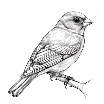 Sparrow, bird, on a branch, black and white coloring book. coloring pages for children.