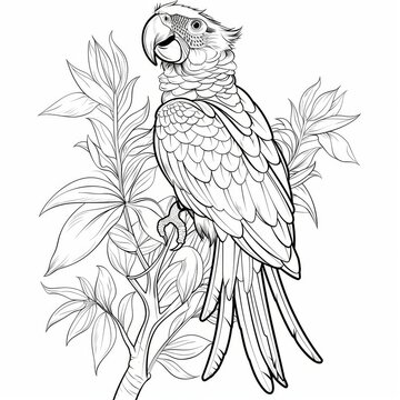 A parrot on a branch. A black and white coloring book. coloring pages for children.