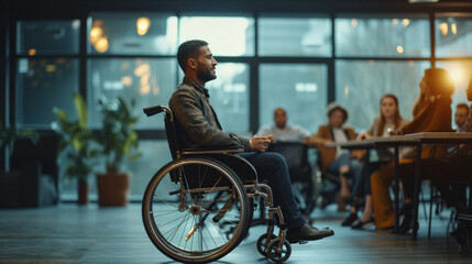 onfident individual in a wheelchair presenting to a diverse group of colleagues in a modern, well-lit conference room, showcasing leadership and accessibility in the workplace. - obrazy, fototapety, plakaty