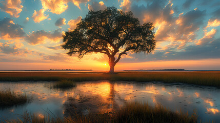 Tree - marsh - coast - golden hour - sunset - inspired by the scenery of Charleston South Carolina  - obrazy, fototapety, plakaty