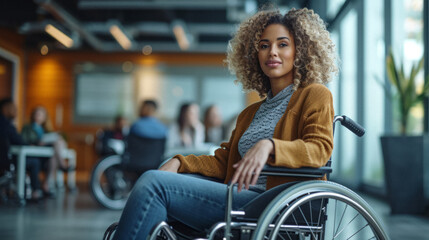onfident individual in a wheelchair presenting to a diverse group of colleagues in a modern, well-lit conference room, showcasing leadership and accessibility in the workplace.