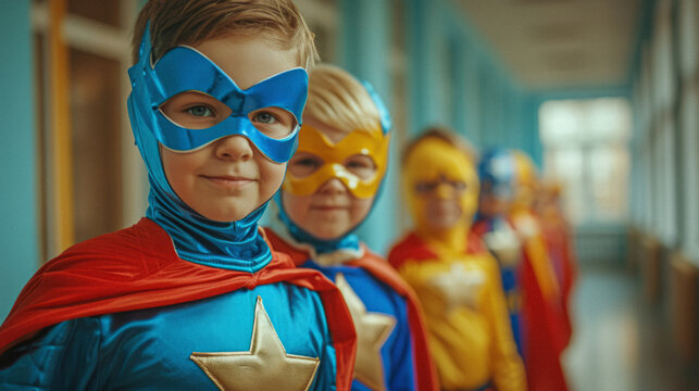 Volunteers dressed as superheroes hosting a play day for children in a pediatric oncology ward, bringing joy and distraction from the daily routine of treatment.