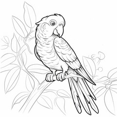 A parrot bird on a branch, a small chick. A black and white coloring book. coloring pages for children.