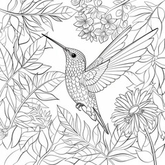 A hummingbird bird, in flowers. A black and white coloring book. coloring pages for children.