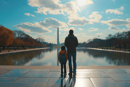 Father and Child Standing Together Overlooking the Reflecting Pool and Washington Monument