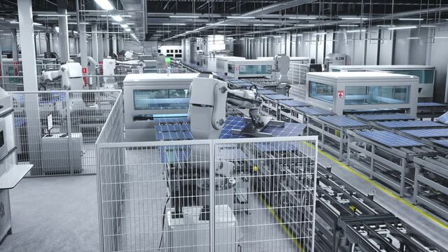 Industrial robot arms placing solar panels on large production line in clean energy producing power plant. Solar cells being assembled on conveyor belts inside fabrication warehouse, 3D animation