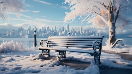 A pair of snow-covered benches overlooking a city skyline blanketed in white, with distant mountains and a crisp winter air - obrazy, fototapety, plakaty