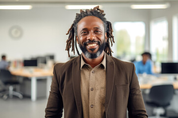 Smiling man with dreadlocks in business attire at the office