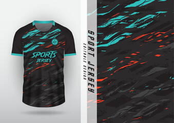 Jersey design for outdoor sports, jersey, football, futsal, running, car racing, exercise, black brush pattern cut with blue, mint and orange.