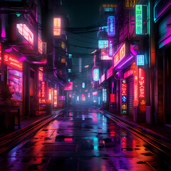 Neon-lit alleyway in a cyberpunk city.