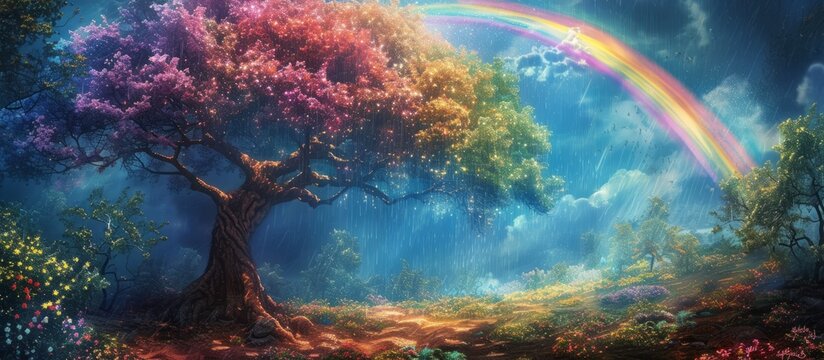 Vibrant Rainbow Shimmers Over Majestic Shower, Tree, and Flower: A Spectacular Display of Nature's Beauty in Rainbow, Shower, Tree, and Flower Harmony