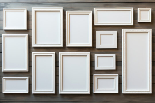 Assorted White Picture Frames on Wooden Wall