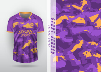 Jersey design for outdoor sports, jersey, football, futsal, running, racing, exercise. Purple camouflage pattern with yellow trim.