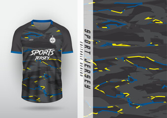 Jersey design, outdoor sports, jersey, football, futsal, running, racing, exercise, black pattern and yellow and blue stripes.