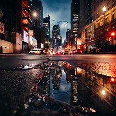 Reflection of city lights in a rain puddle.