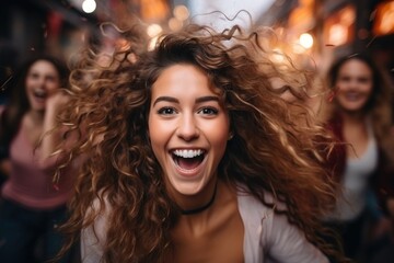 Joyful Curly-Haired Woman Celebrating