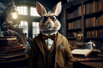 Anthropomorphic rabbit scholar in library. Digital art character.