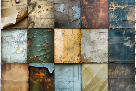 Historical Map Tiles. A collage of aged, vintage maps and rustic textured panels, historical maps on aged paper with diverse weathered textures, showcasing a historical and explorative theme. ai