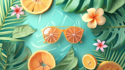 Tropical themed flat lay with orange slice sunglasses, frangipani flowers