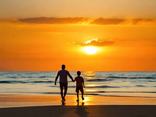 father and son running on the beach at beautiful sunset. family vacation concept