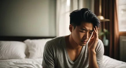 Fotobehang Young asian man with morning headache, in bedroom, holding head © MochSjamsul