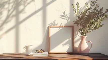 Portrait Empty wooden frame with olive leaf branch in vase, book, and cup on brown wooden table against white grunge wall