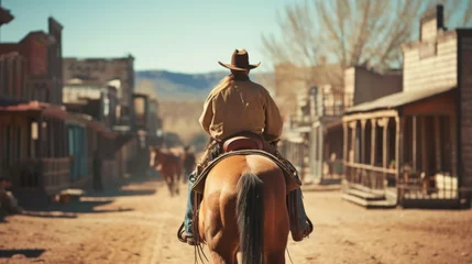 Fototapeten Lone Cowboy Riding Horse on a Dusty Western Town Road, western movie concept © mariiaplo