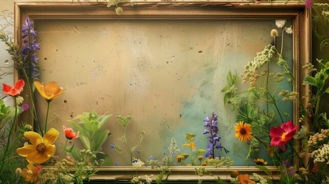 nature’s beauty, where diverse flowers and foliage create a vibrant yet tranquil border around an empty space ready for customization