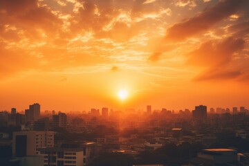 Fototapeta premium Summer sun blurs golden hour hot sky at sunset with a city rooftop view in the background, Ai generated
