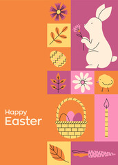 Geometric bright and colorful greeting card for Happy Easter. Trendy minimalistic illustration. Collection of holiday icons. Website decoration, graphic elements. Holiday covers, posters, banners