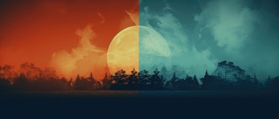 Abstract Diptych of Moonrise over Pine Forest in Warm-Cool Tones