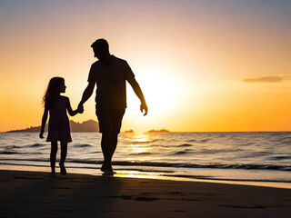 Father and daughter walking on the beach at sunset. Concept of friendly family.