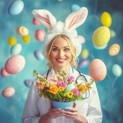 Doctor woman with easter spring bouquet of flowers, colorful eggs and bunny ears.