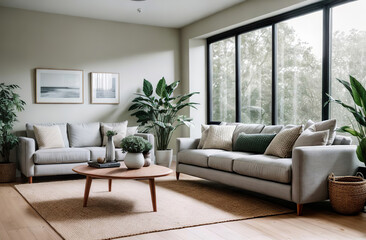 Interior of living room with green houseplants. Sofas, wooden coffee table, furniture. Scandinavian nordic minimalist style. Neutral Gray walls, big panoramic windows. Cozy apartment. Boho home decor