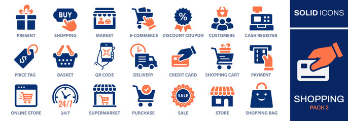 Shopping icon set. Collection of price tag, credit card, supermarket and more. Vector illustration. Easily changes to any color.