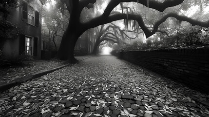 Obraz premium Tree-lined road - path - sunset - stylish and mysterious - black and white photograph - inspired by the scenery of Charleston South Carolina 