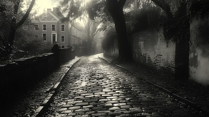 Naklejka premium Tree-lined road - path - sunset - stylish and mysterious - black and white photograph - inspired by the scenery of Charleston South Carolina 
