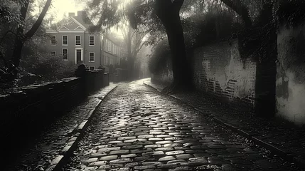 Deurstickers Tree-lined road - path - sunset - stylish and mysterious - black and white photograph - inspired by the scenery of Charleston South Carolina  © Jeff