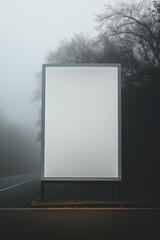 Blank billboard on a foggy road in the countryside.