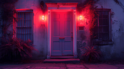 Front entrance - neon red light - meticulous symmetry - entryway 