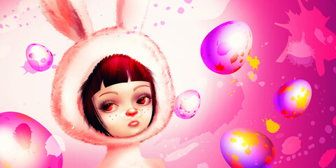 Fototapeta premium The concept of celebrating Easter in a fashionable style. A beautiful young girl dressed as a rabbit with Easter painted eggs against an abstract coloured festive background. 