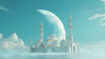 Fototapeta na wymiar Crescent Moon and Mosque on Light Blue Background 