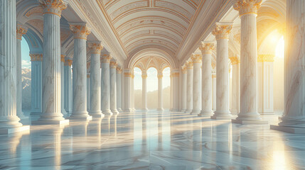 Interior of the empty hall with pillars, marble floor and sunlight. Created with Ai - obrazy, fototapety, plakaty