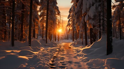 A snowy forest at sunset, with the last light of the day filtering through the trees and casting a warm golden glow on the untouched snow - obrazy, fototapety, plakaty